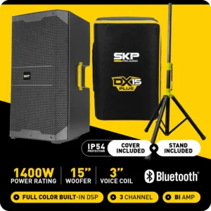 SKP DX15 PLUS — Parlante Activo Profesional de 15" con funda acolchada y Atril STD3 - Imagen 1
